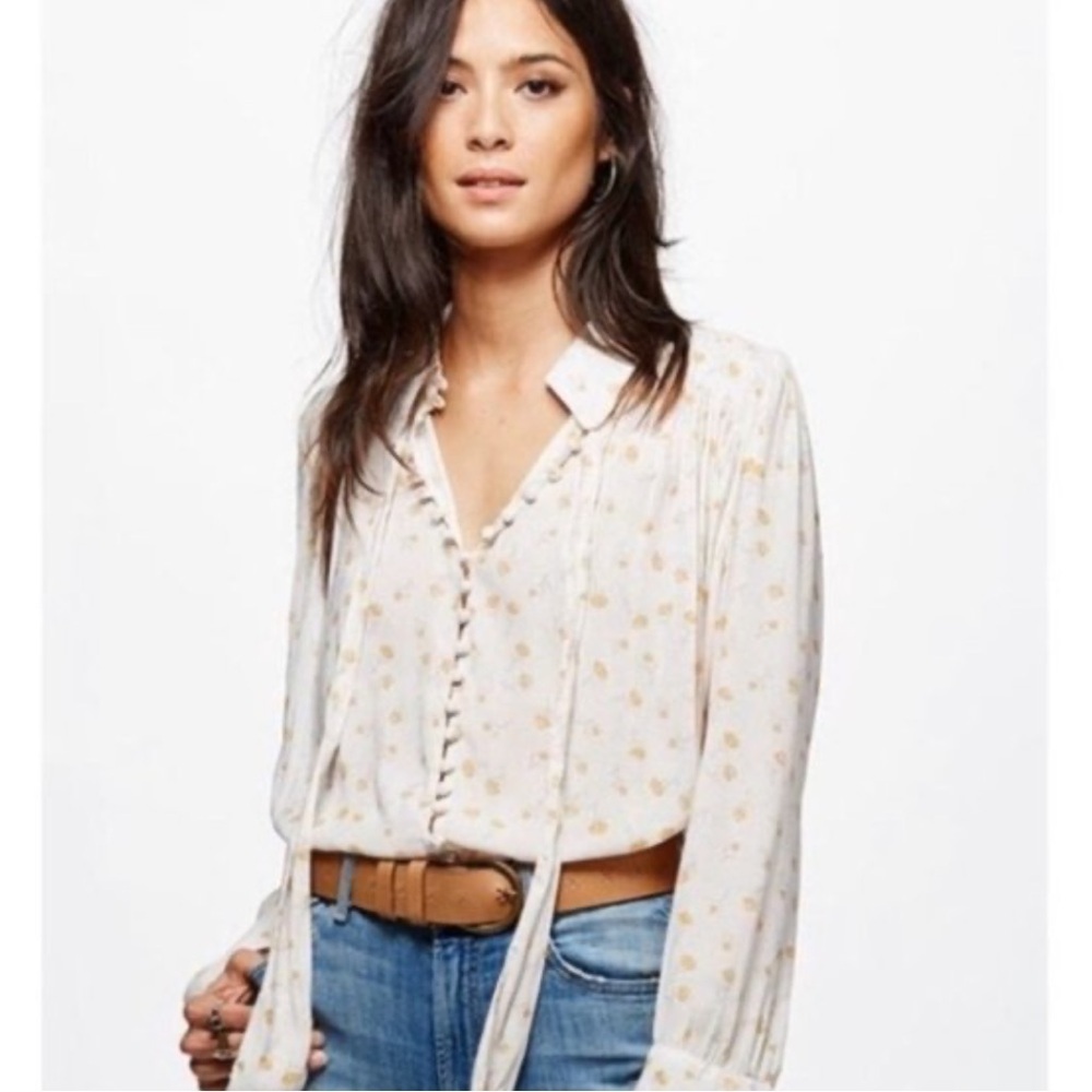 Free People Modern Muse Floral Blouse with Gold Accents